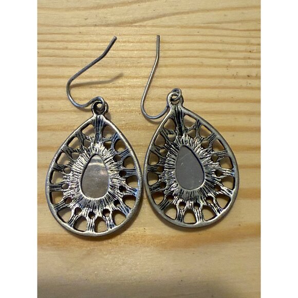 Antique Silver Tone Teardrop Dangle Earrings With Faceted Center Stone - Picture 4 of 4